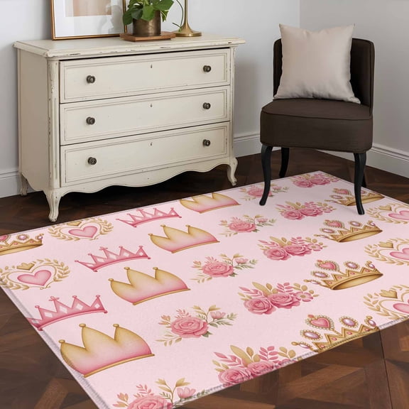 Area Rug 48×72in, Abstract Pink Flowers Princess Crown Floor Carpet Living Room Rug, Rose Love Heart Non-Slip Welcome Mat Indoor Rugs for Bedroom Dining Room