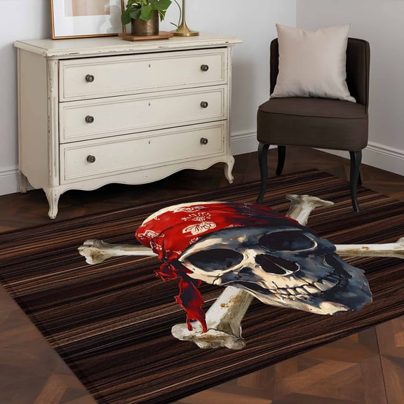 Area Rug 48×72in, Abstract Punk Pirate Skull Floor Carpet Living Room Rug, Crossbones on Brown Wood Board Non-Slip Welcome Mat Indoor Rugs for Bedroom Dining Room