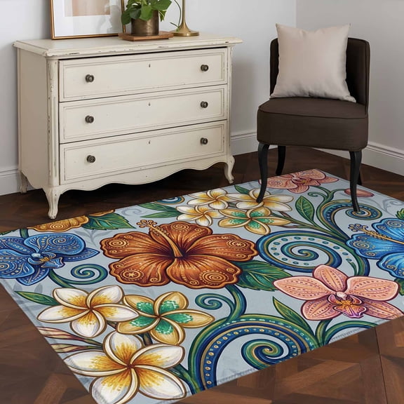 Area Rug 48×72in, Abstract Retro Boho Flower Floor Carpet Living Room Rug, Blue Gold Flower Green Leaf Non-Slip Welcome Mat Indoor Rugs for Bedroom Dining Room