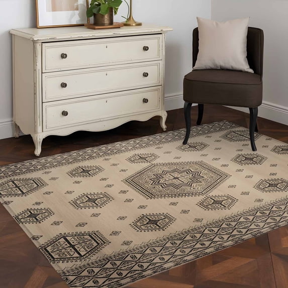Area Rug 48×72in, Abstract Retro Geometric Pattern Floor Carpet Living Room Rug, Mid-Century Tradition Style Non-Slip Welcome Mat Indoor Rugs for Bedroom Dining Room