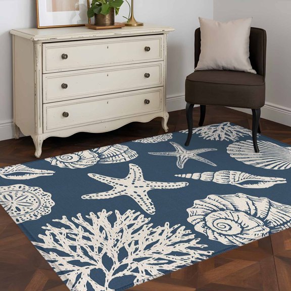 Area Rug 48×72in, Abstract Starfish Conch Shell Floor Carpet Living Room Rug, Farmhouse Dark Blue Non-Slip Welcome Mat Indoor Rugs for Bedroom Dining Room