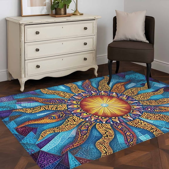 Area Rug 48×72in, Abstract Sun Pattern Floor Carpet Living Room Rug, Classic Bohemian Flame Non-Slip Welcome Mat Indoor Rugs for Bedroom Dining Room