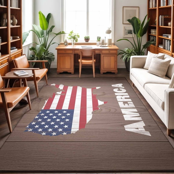 Area Rug 48×72in, American Independence Day Floor Carpet Living Room Rug, USA Flag Map on Wood Grain Non-Slip Welcome Mat Indoor Rugs for Bedroom Dining Room