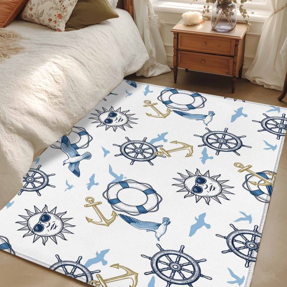 Area Rug 48×72in, Anchor Compass Seagull Sun Floor Carpet Living Room Rug, Summer Coastal Nautical Theme Non-Slip Welcome Mat Indoor Rugs for Bedroom Dining Room