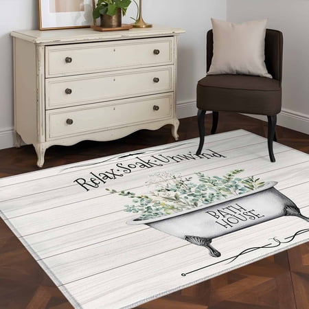 Area Rug 48×72in, Bathtub Eucalyptus Relax Soak Unwind Quote Floor Carpet Living Room Rug, Wood Barn Non-Slip Welcome Mat Indoor Rugs for Bedroom Dining Room