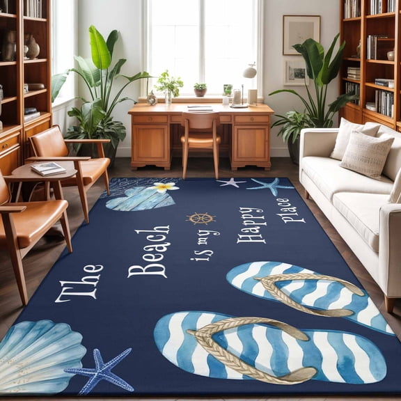 Area Rug 48×72in, The Beach Is My Happy Place Floor Carpet Living Room Rug, Flip Starfish Daisy Floral Non-Slip Welcome Mat Indoor Rugs for Bedroom Dining Room