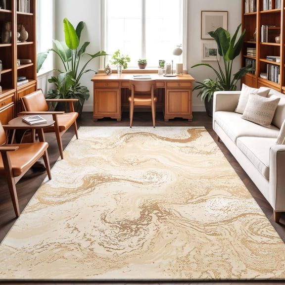 Area Rug 48×72in, Beige Ombre Marble Texture Floor Carpet Living Room Rug, Modern Fluid Aesthetic Non-Slip Welcome Mat Indoor Rugs for Bedroom Dining Room