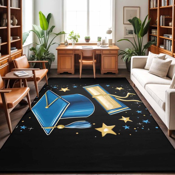 Area Rug 48×72in, Blue Graduation Cap Diploma Floor Carpet Living Room Rug, Gold Stars Non-Slip Welcome Mat Indoor Rugs for Bedroom Dining Room