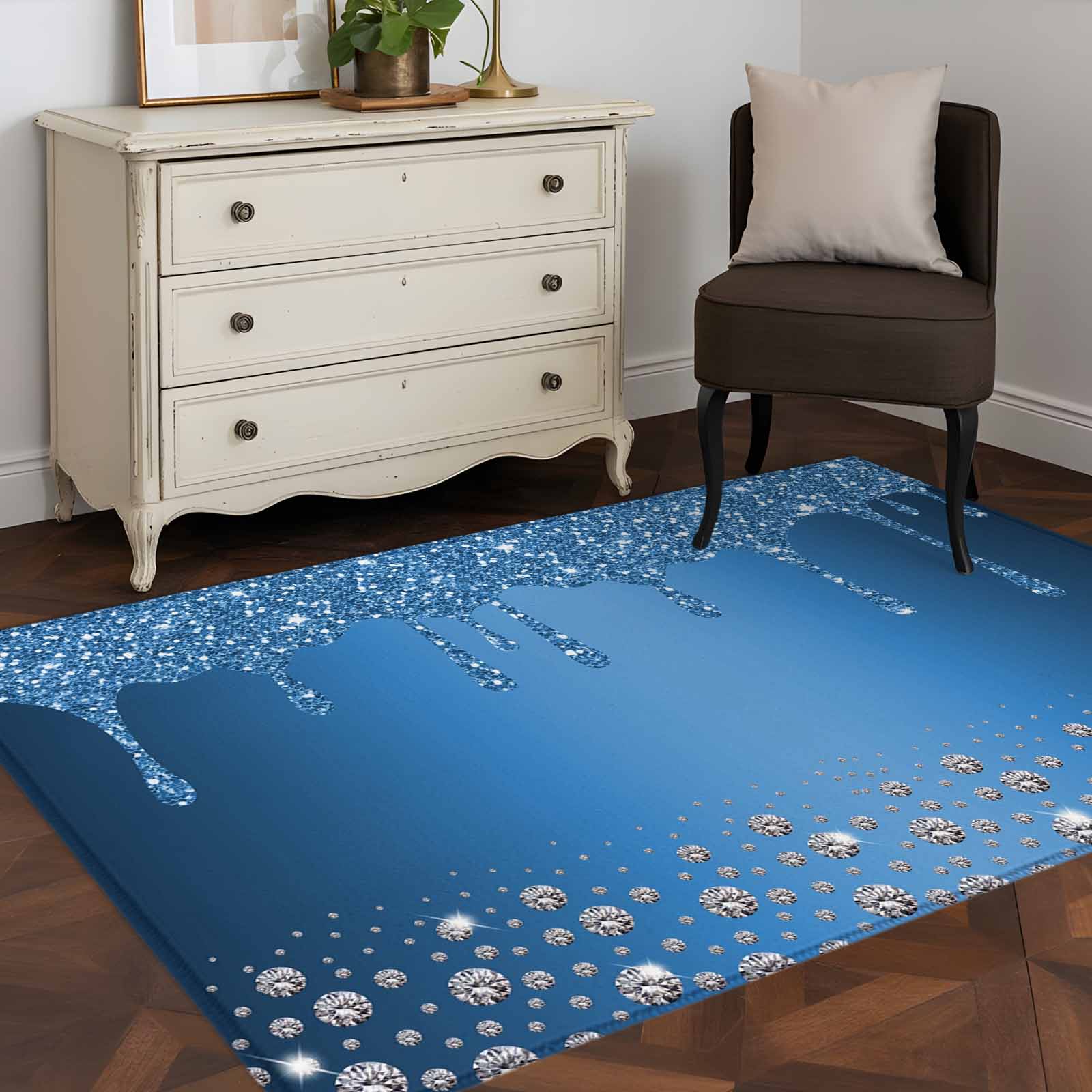 Shiny Rug Area Rug 48×72in, Blue Silver Shiny Diamond Floor Carpet Living Room ...
