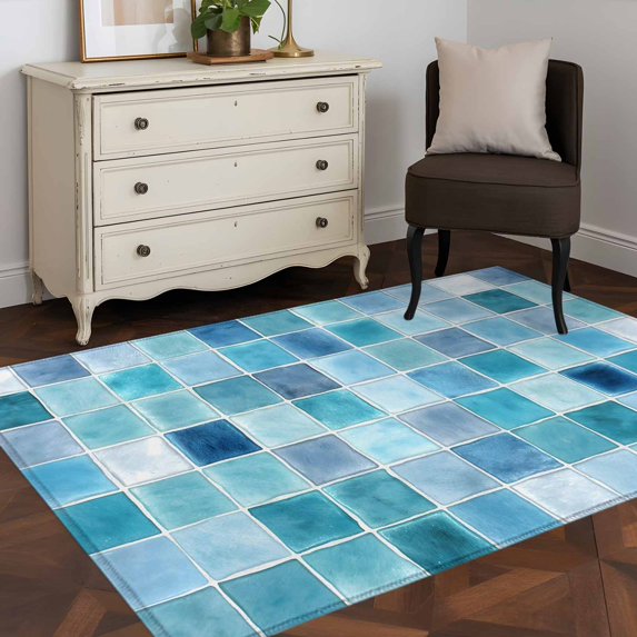 Area Rug 48×72in, Blue White Color Block Floor Carpet Living Room Rug, Summer Ocean Watercolor Square Non-Slip Welcome Mat Indoor Rugs for Bedroom Dining Room