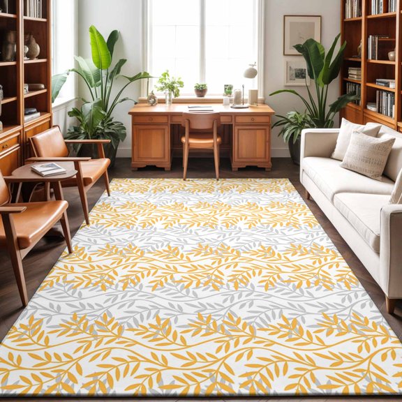 Area Rug 48×72in, Botanical Leaves Sketch Texture on White Floor Carpet Living Room Rug, Seamless Orange Gray Foliage Non-Slip Welcome Mat Indoor Rugs for Bedroom Dining Room
