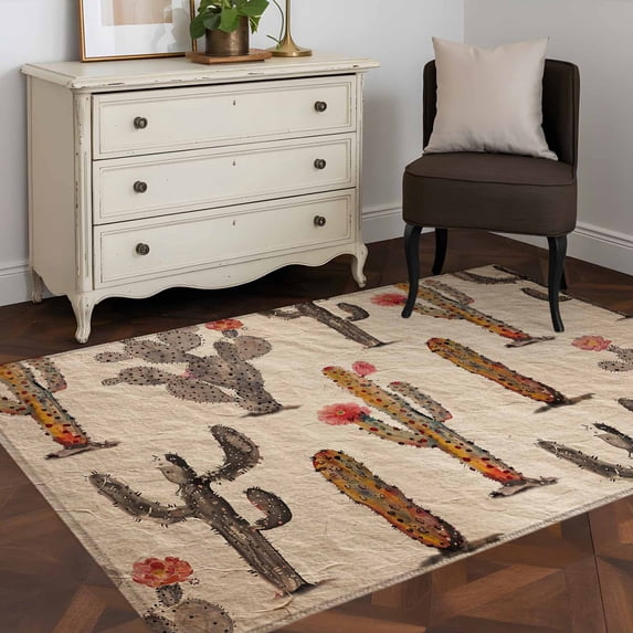Area Rug 48×72in, Brown Cactus Red Flowers Vintage Back Floor Carpet Living Room Rug, Tropical Plants Non-Slip Welcome Mat Indoor Rugs for Bedroom Dining Room
