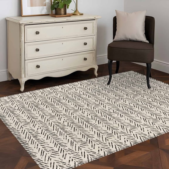 Area Rug 48×72in, Brown Herringbone Art Floor Carpet Living Room Rug, Abstract Geometric Striped on Linen Non-Slip Welcome Mat Indoor Rugs for Bedroom Dining Room