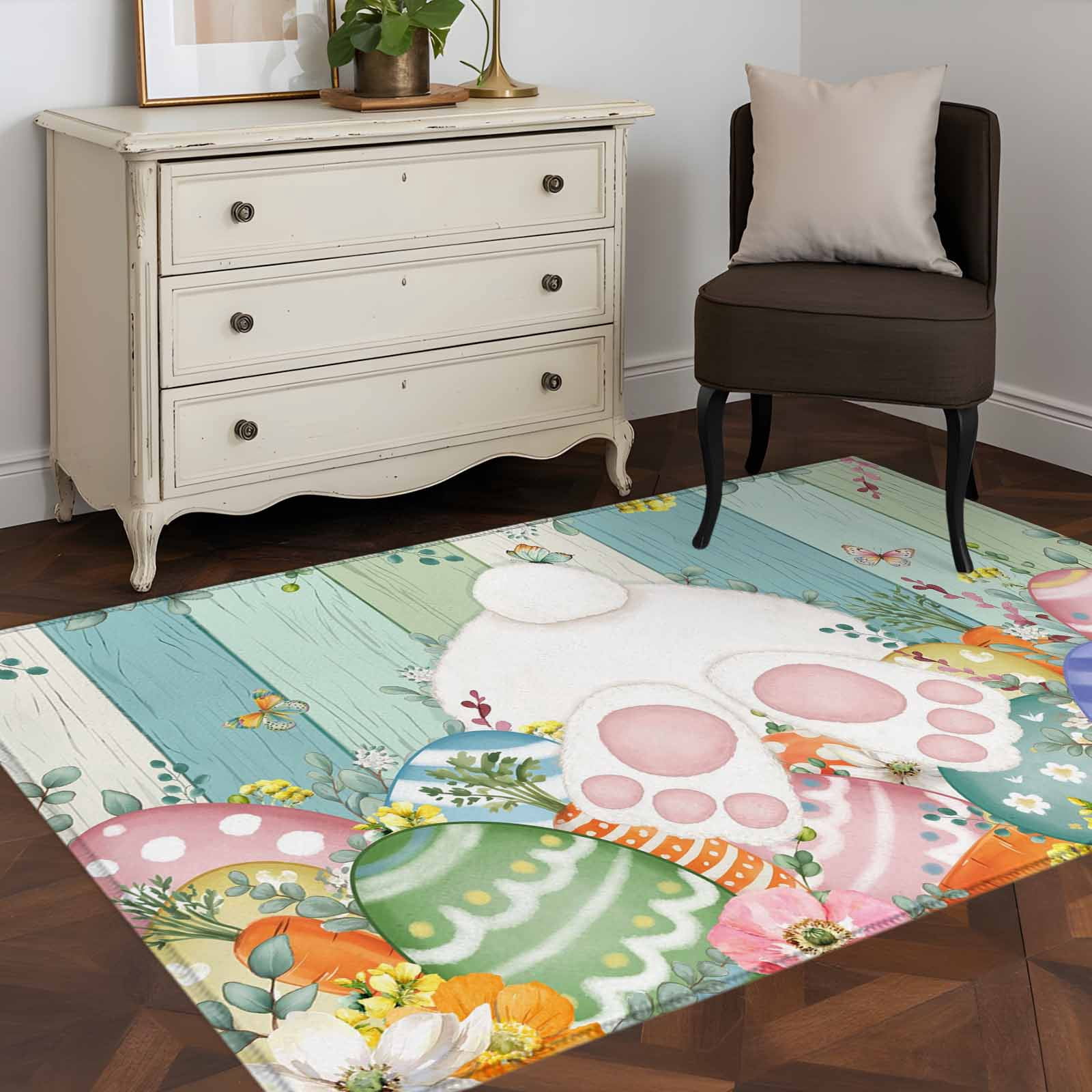 Easter Decor Rug Area Rug 48×72in, Bunny Tail Easter Egg Floral Floor Carpet Living Room ...