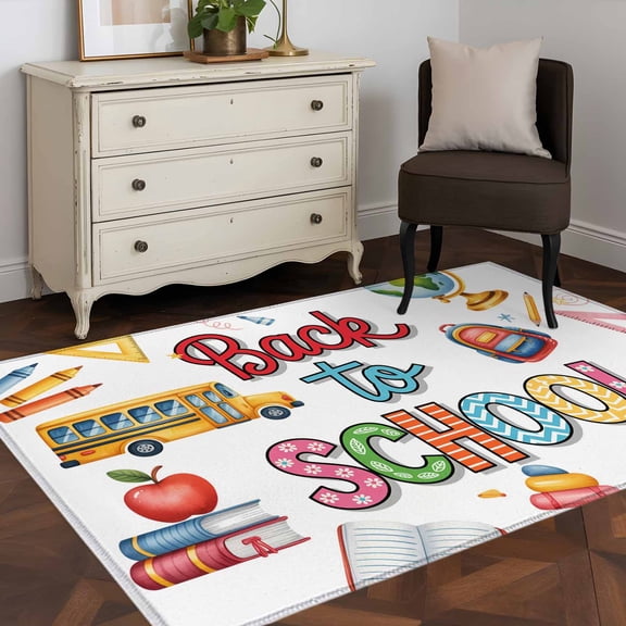 Area Rug 48×72in, Bus Bag Globe Crayon Desklamp Floor Carpet Living Room Rug, Back to School Season Non-Slip Welcome Mat Indoor Rugs for Bedroom Dining Room
