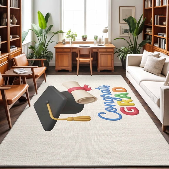 Area Rug 48×72in, Cartoon Bachelor's Hat on Beige Floor Carpet Living Room Rug, Congrats Grad Quote Non-Slip Welcome Mat Indoor Rugs for Bedroom Dining Room