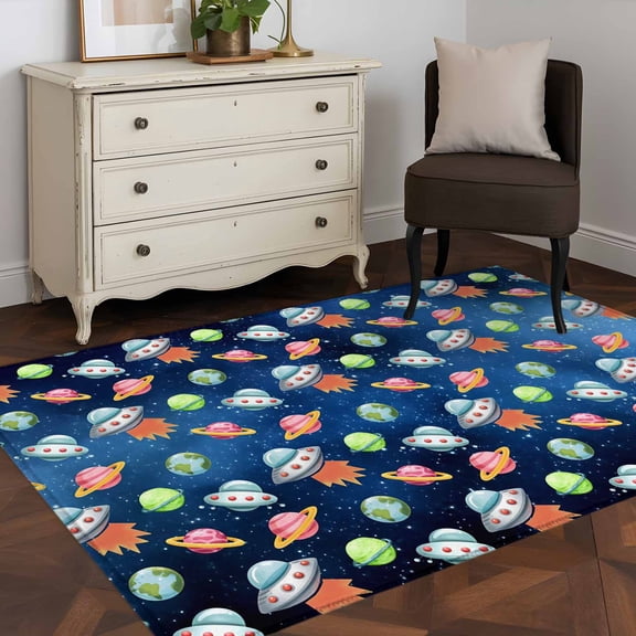 Area Rug 48×72in, Cartoon Spaceship Dream Planet Floor Carpet Living Room Rug, Outer Space Stars Moon Non-Slip Welcome Mat Indoor Rugs for Bedroom Dining Room