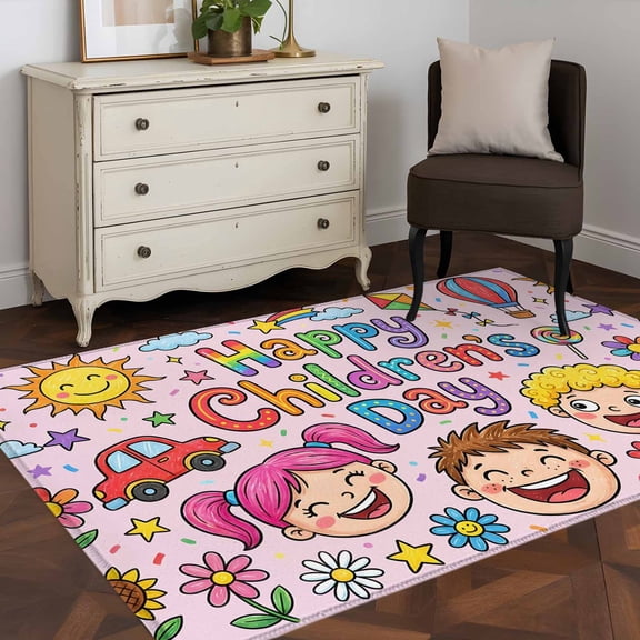 Area Rug 48×72in, Cartoons Flowers Happy Children's Day Floor Carpet Living Room Rug, Lovely Hot Balloons Non-Slip Welcome Mat Indoor Rugs for Bedroom Dining Room