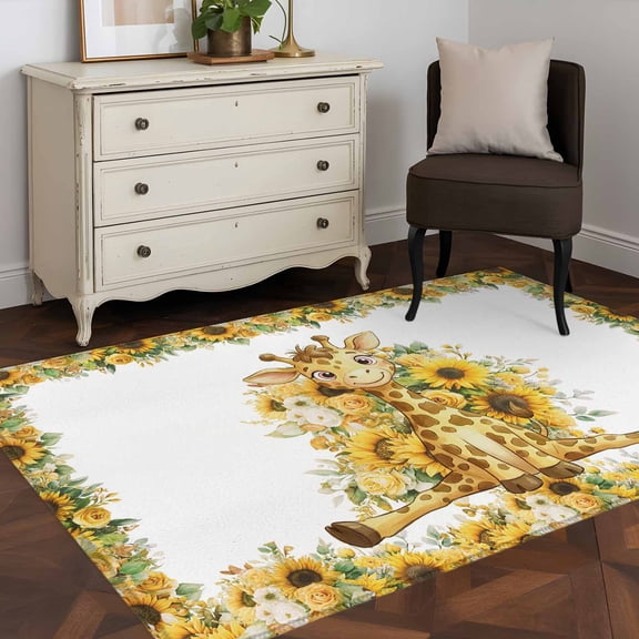 Area Rug 48×72in, Children's Day Cute Giraffe Floor Carpet Living Room Rug, Farm Sunflowers Non-Slip Welcome Mat Indoor Rugs for Bedroom Dining Room