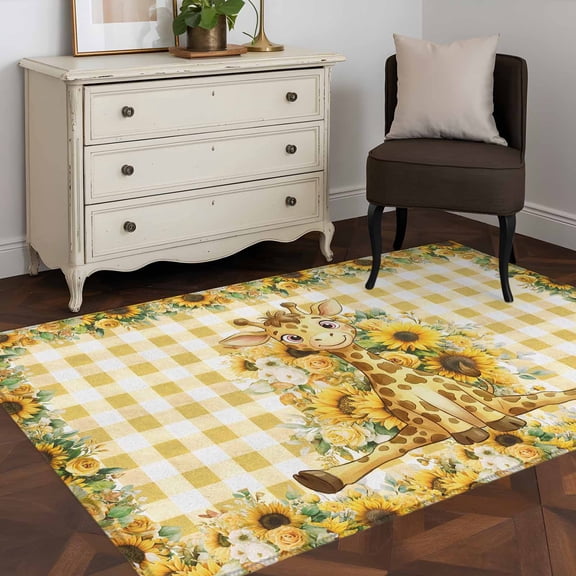 Area Rug 48×72in, Children's Day Cute Giraffe Floor Carpet Living Room Rug, Farm Sunflowers Yellow Plaid Non-Slip Welcome Mat Indoor Rugs for Bedroom Dining Room