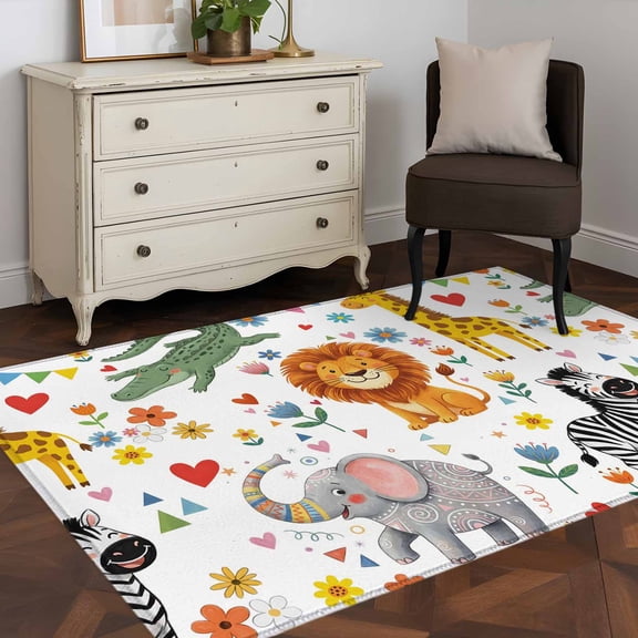 Area Rug 48×72in, Children's Day Lion Elephant Floor Carpet Living Room Rug, Giraffe Zebra Crocodile Non-Slip Welcome Mat Indoor Rugs for Bedroom Dining Room