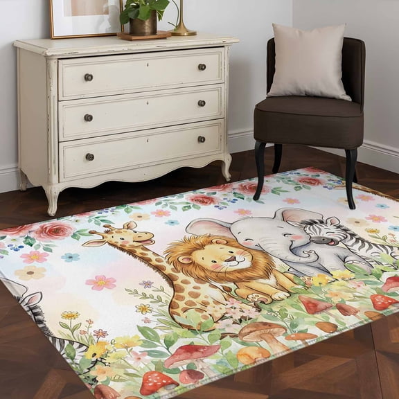 Area Rug 48×72in, Children's Day Lions Elephants Floor Carpet Living Room Rug, Red Rose Zebras Giraffes Non-Slip Welcome Mat Indoor Rugs for Bedroom Dining Room