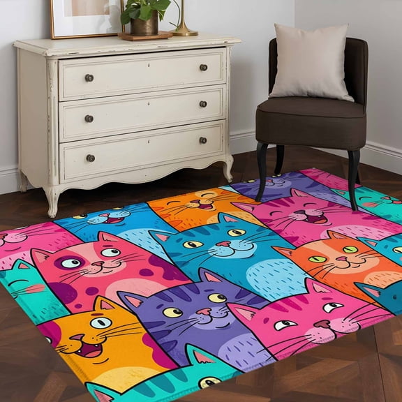 Area Rug 48×72in, Children's Day Lovely Cats Floor Carpet Living Room Rug, Pink Blue Kitty Non-Slip Welcome Mat Indoor Rugs for Bedroom Dining Room