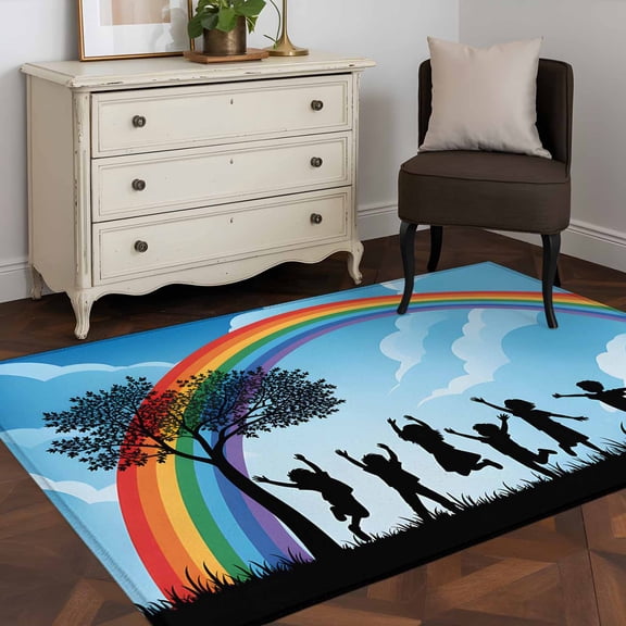 Area Rug 48×72in, Children's Day Silhouettes Floor Carpet Living Room Rug, Sky Rainbow Trees Non-Slip Welcome Mat Indoor Rugs for Bedroom Dining Room
