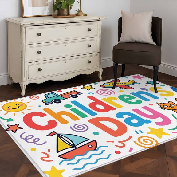 Area Rug 48×72in, Children's Day Trucks Sailboats Crayons Floor Carpet Living Room Rug, Cartoons Cats Non-Slip Welcome Mat Indoor Rugs for Bedroom Dining Room