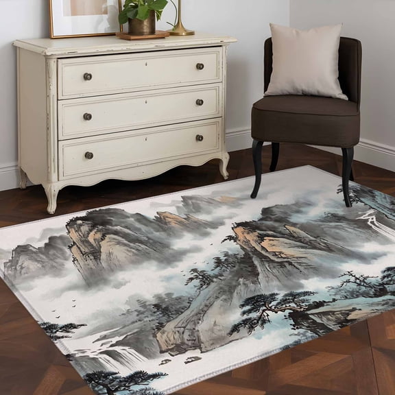 Area Rug 48×72in, Chinese Wind Mountain Water Floor Carpet Living Room Rug, Water Ink Painting Gradient Non-Slip Welcome Mat Indoor Rugs for Bedroom Dining Room