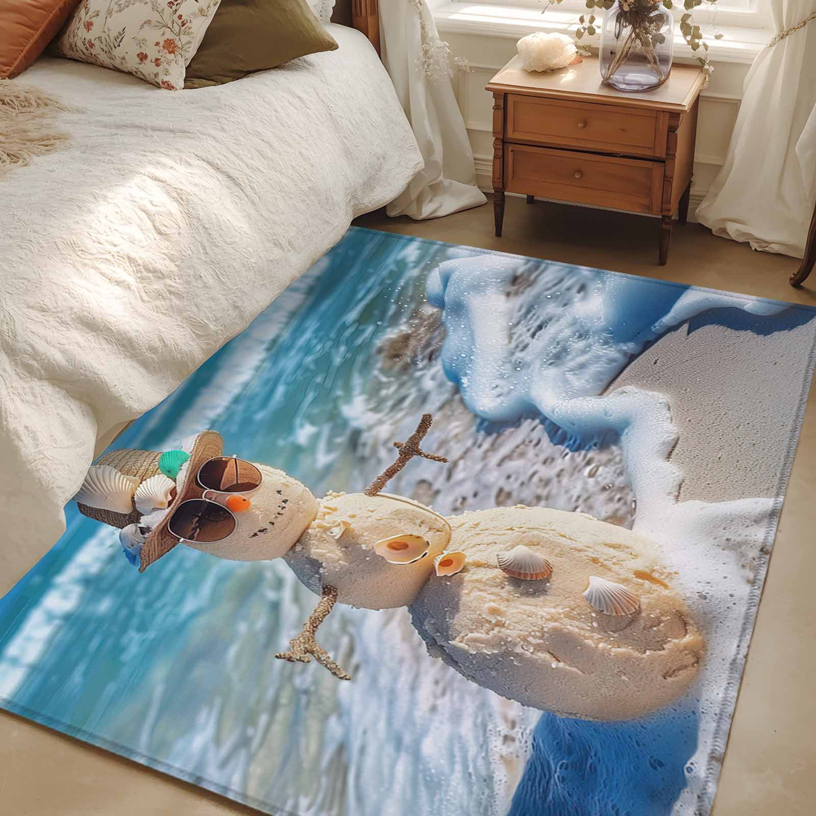 Area Rug 48×72in, Christmas Snowman Ocean Beach Style Floor Carpet ...