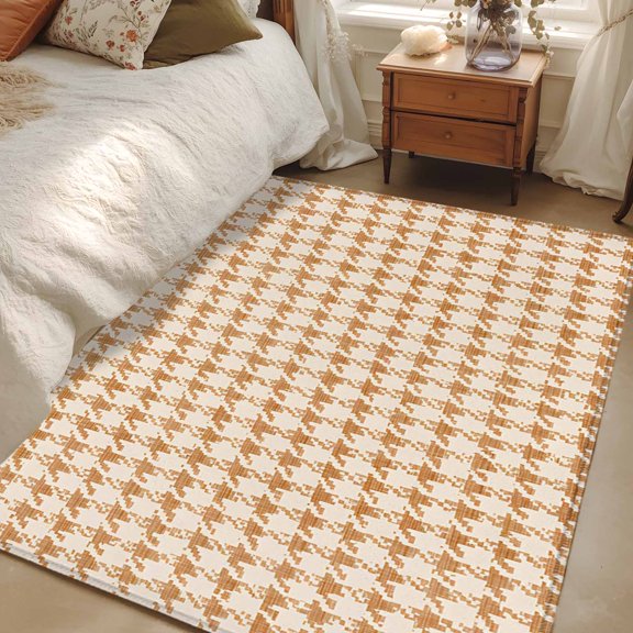 Area Rug 48×72in, Classic Beige Khaki Houndstooth Pattern Floor Carpet Living Room Rug, Vintage Farm Checker Non-Slip Welcome Mat Indoor Rugs for Bedroom Dining Room