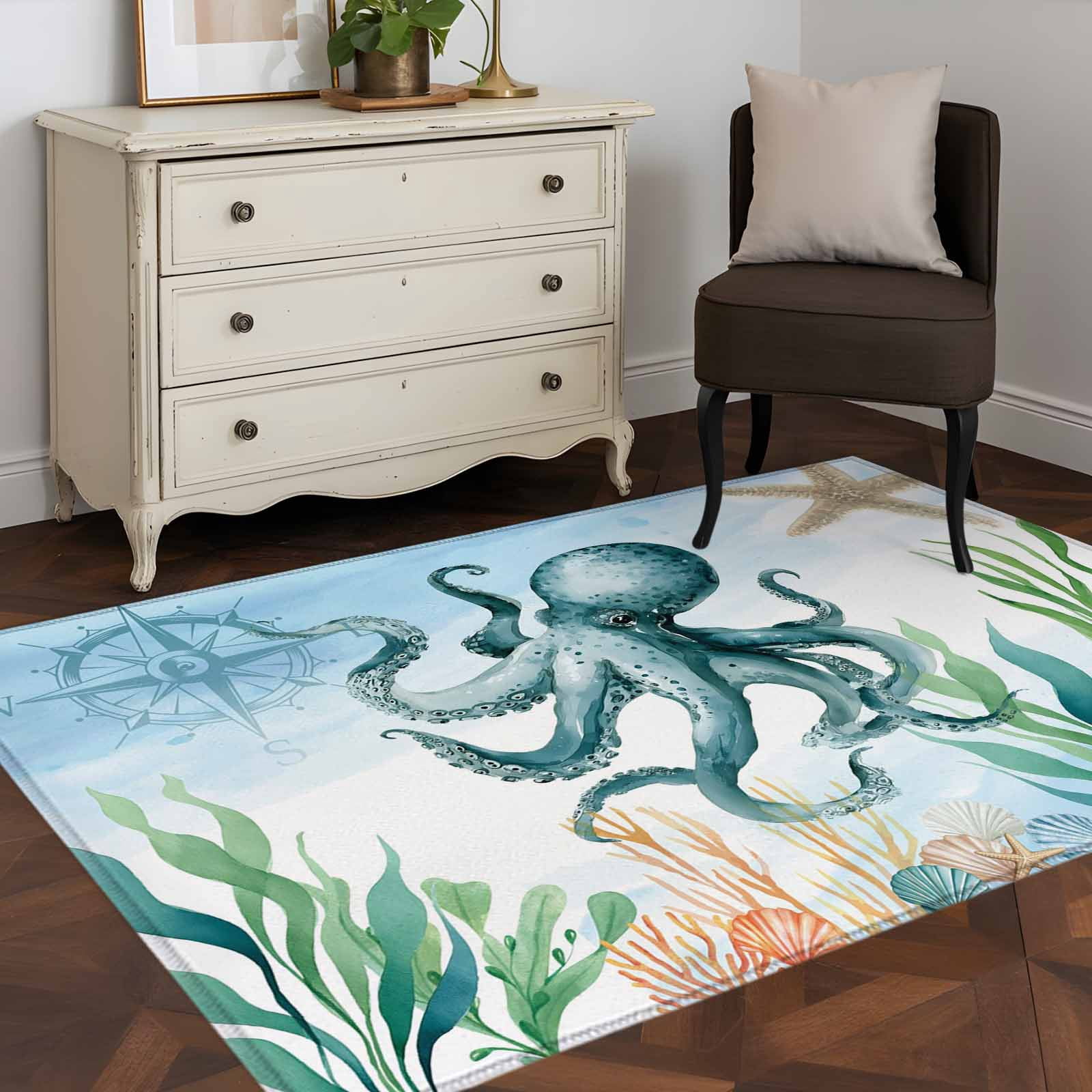Sea Rug Animal Area Rug 48×72in, Coastal Ocean Octopus Sea Monster Floor Carpet Living ...