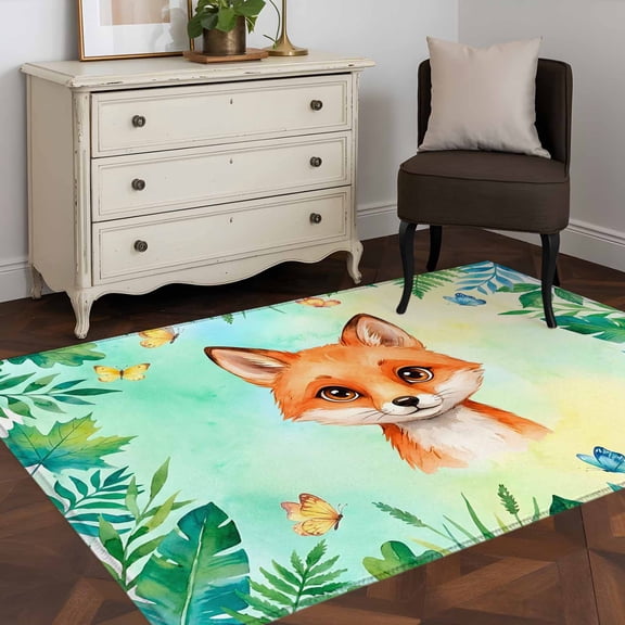 Area Rug 48×72in, Cute Cartoon Animal Small Foxes Floor Carpet Living Room Rug, Tropical Plants Leaves Non-Slip Welcome Mat Indoor Rugs for Bedroom Dining Room