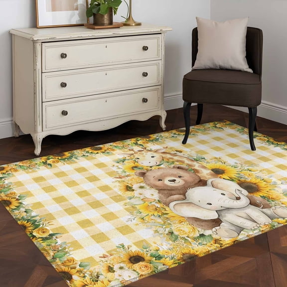 Area Rug 48×72in, Cute Elephants Bears Giraffes Floor Carpet Living Room Rug, Children's Day Sunflowers Non-Slip Welcome Mat Indoor Rugs for Bedroom Dining Room