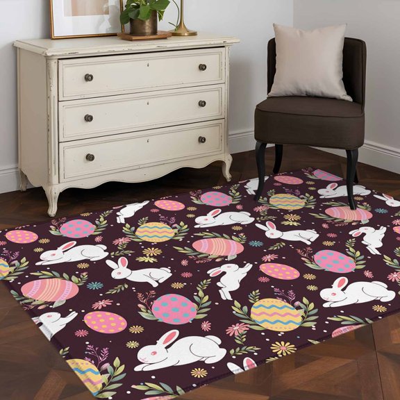 Area Rug 48×72in, Easter Egg Bunny Country Herb Floor Carpet Living Room Rug, Farmhouse Rabbit on Black Non-Slip Welcome Mat Indoor Rugs for Bedroom Dining Room