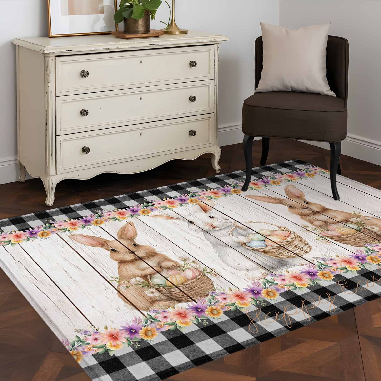 Easter Rug Design Area Rug 48×72in, Easter Rabbit Florall Vintage Plank Floor Carpet ...