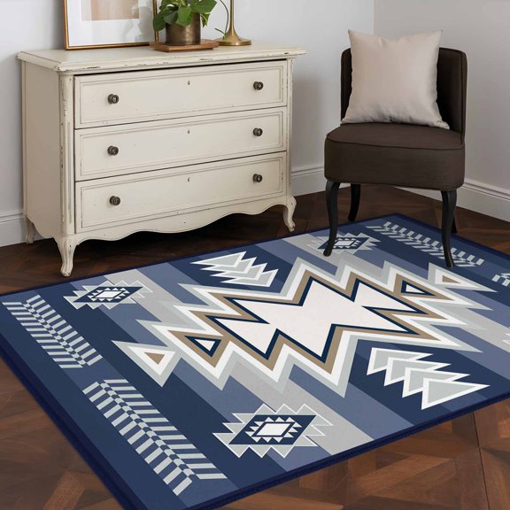Area Rug 48×72in, Ethnic Boho Morocco Theme Floor Carpet Living Room Rug, Aztec Blue Geometric Art Non-Slip Welcome Mat Indoor Rugs for Bedroom Dining Room
