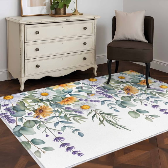 Area Rug 48×72in, Farm Daisy Lavender Eucalyptus Floor Carpet Living Room Rug, Watercolor Botanical Flower Non-Slip Welcome Mat Indoor Rugs for Bedroom Dining Room