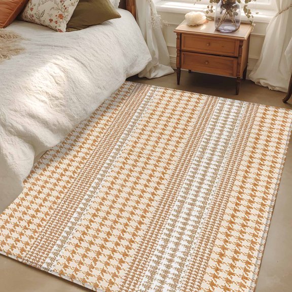 Area Rug 48×72in, Farm Lattice Houndstooth Pattern Floor Carpet Living Room Rug, Rustic Beige Khaki Plaid Non-Slip Welcome Mat Indoor Rugs for Bedroom Dining Room