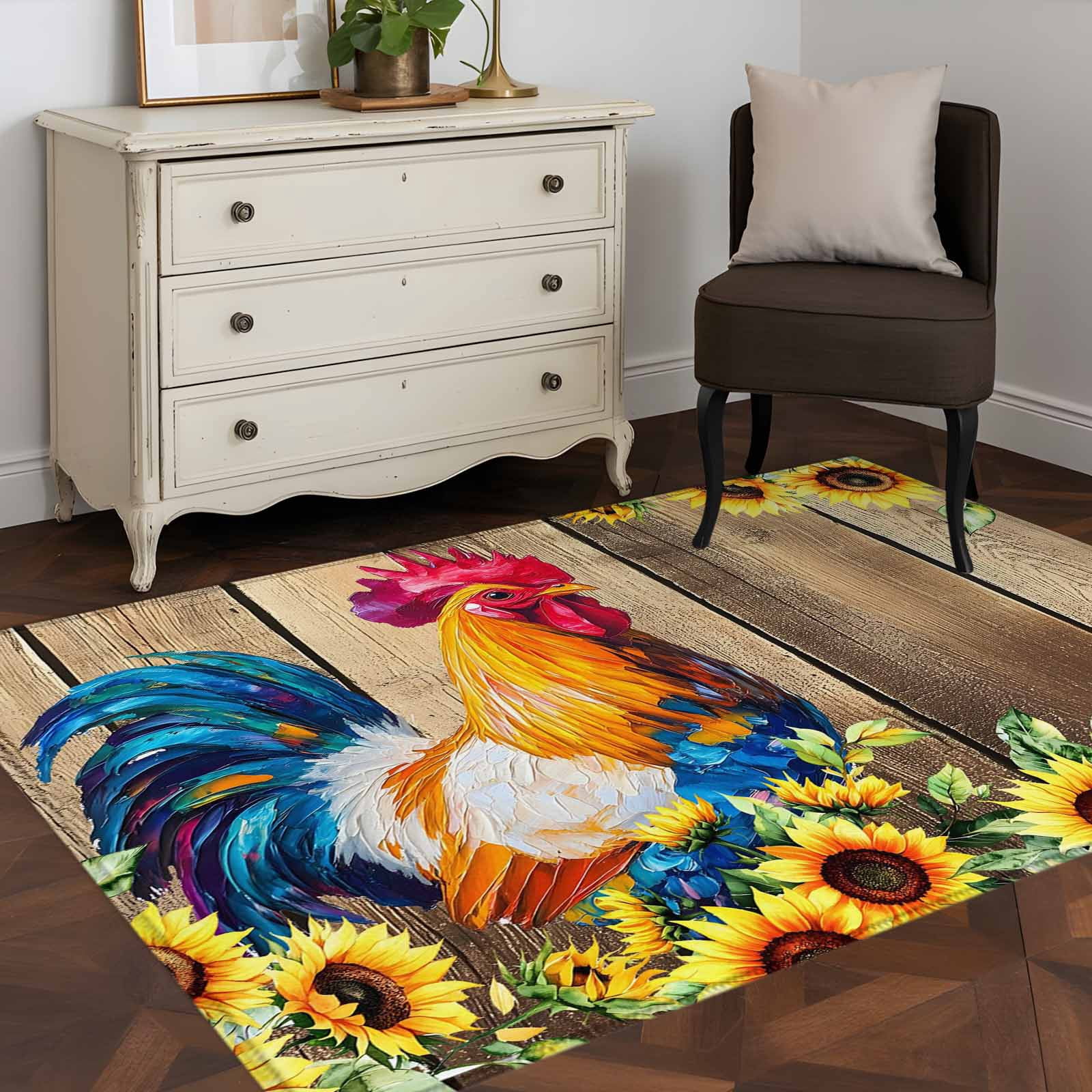 Area Rug 48×72in, Farm Rooster Animal Sunflower Floor Carpet Living ...