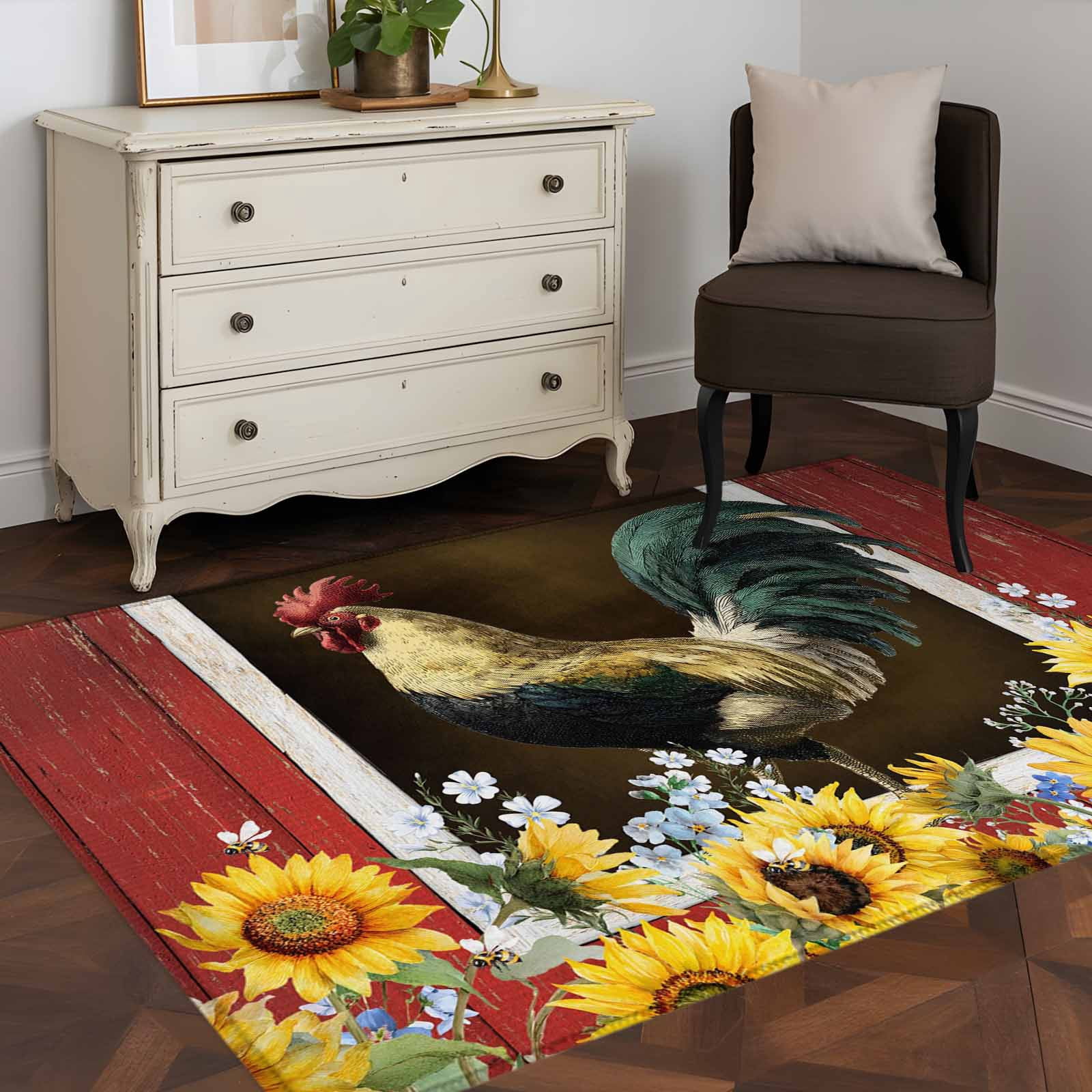 Area Rug 48×72in, Farm Rooster Sunflower Floor Carpet Living Room Rug ...
