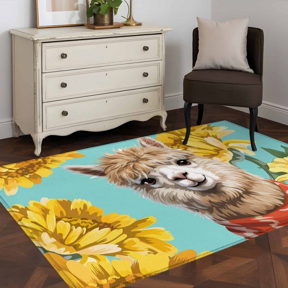 Area Rug 48×72in, Farm Watercolor Sunflower Alpaca Floor Carpet Living Room Rug, Animal Floral on Teal Non-Slip Welcome Mat Indoor Rugs for Bedroom Dining Room