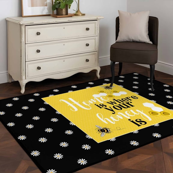 Area Rug 48×72in, Farmhouse Bee Honeycomb Yellow Floor Carpet Living Room Rug, Honey Home Quote Polka Dot Non-Slip Welcome Mat Indoor Rugs for Bedroom Dining Room