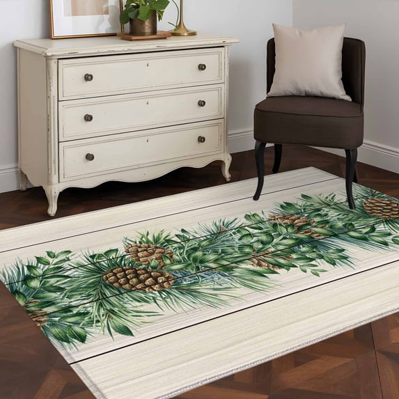 Area Rug 48×72in, Farmhouse Pine Needle Pinecone Floor Carpet Living Room Rug, Rustic Retro Wood Grain Non-Slip Welcome Mat Indoor Rugs for Bedroom Dining Room