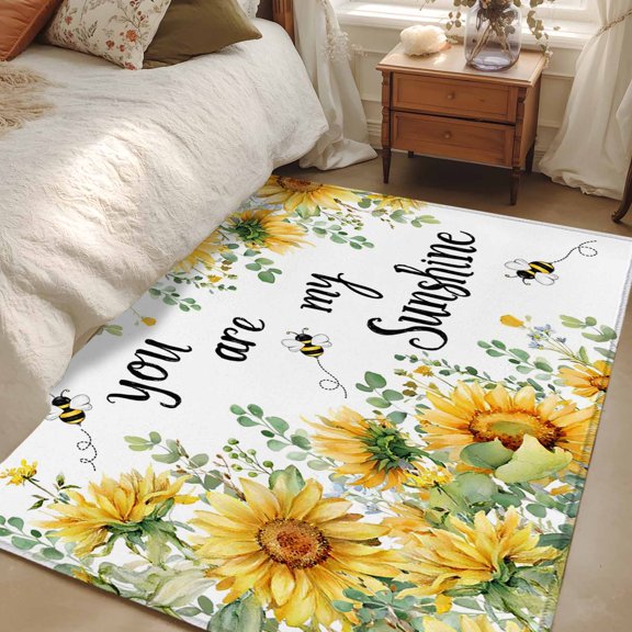 Area Rug 48×72in, Farmhouse Sunflower Leaves Floor Carpet Living Room Rug, You Are Sunshine Quote Non-Slip Welcome Mat Indoor Rugs for Bedroom Dining Room