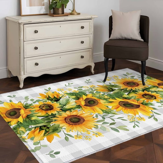 Area Rug 48×72in, Farmhouse Sunflower Leaves on Vintage Floor Carpet Living Room Rug, Grey Plaid Lattice Non-Slip Welcome Mat Indoor Rugs for Bedroom Dining Room