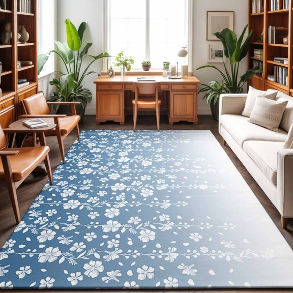 Area Rug 48×72in, Flower Vines Fallen Leaves Seamless Floor Carpet Living Room Rug, Blue Gradient Back Non-Slip Welcome Mat Indoor Rugs for Bedroom Dining Room