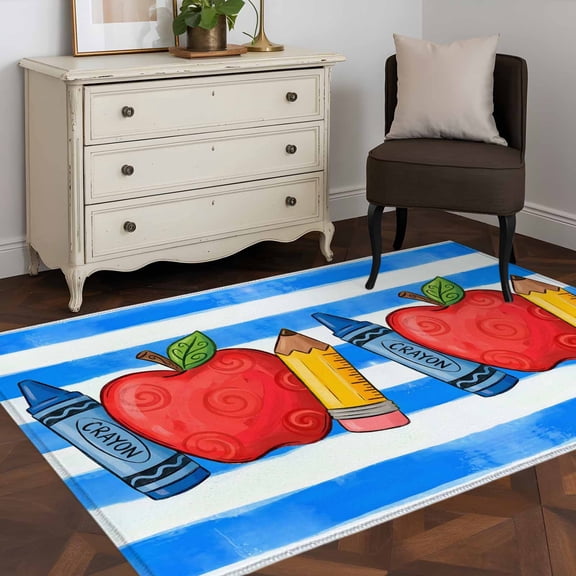 Area Rug 48×72in, Fruit Apples Pencils Crayons Floor Carpet Living Room Rug, Blue Striped Non-Slip Welcome Mat Indoor Rugs for Bedroom Dining Room