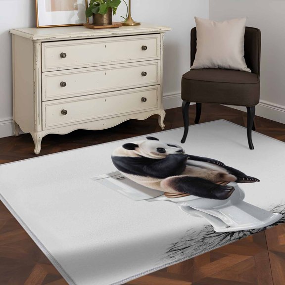 Area Rug 48×72in, Funny Panda Sitting on The Toilet Floor Carpet Living Room Rug, Gray and White Animal Art Non-Slip Welcome Mat Indoor Rugs for Bedroom Dining Room
